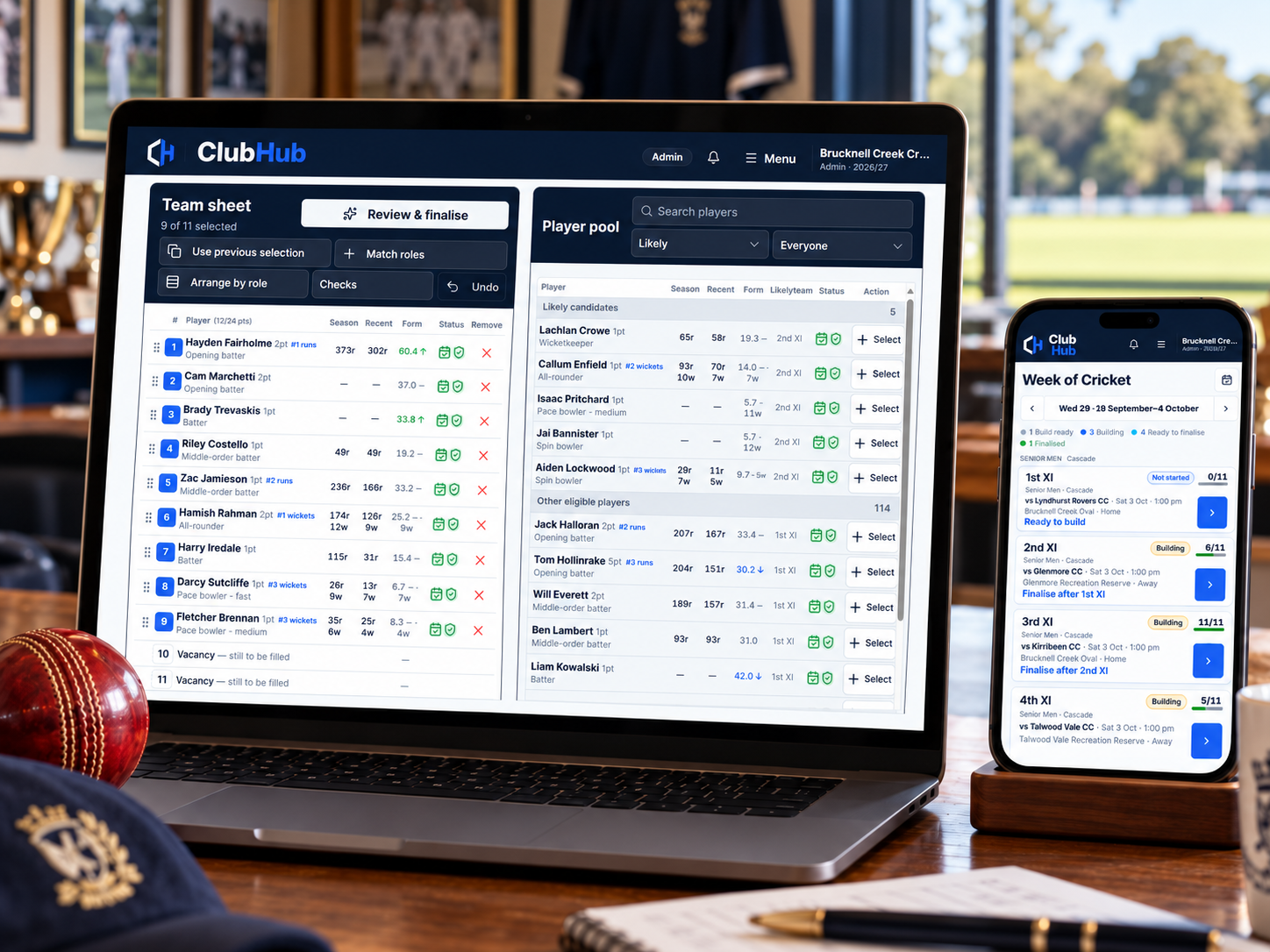 ClubHub Selection shown on a laptop in a cricket clubroom, with the current Team sheet, Player Pool, form and player points visible.