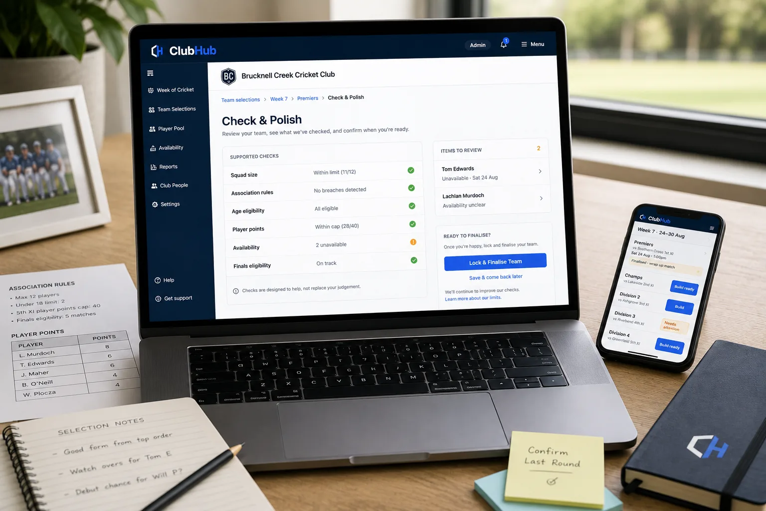 ClubHub selection checks shown on a laptop in a club administration workspace.